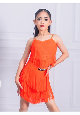 orange tassels Latin Dance dresses for girls kids samba salsa chacha  Dance fringe costumes modern dance Performance Class Uniform