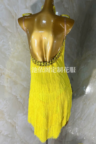 Custom Size Yellow Fringe Diamond Latin Dance Dresses for Women Girls Kids Salsa Rumba Chacha Solo Dance Clothing