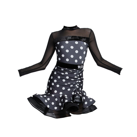 Children's black white polka dot Latin dance dresses school art test clothes salsa chacha latin tap dance Competition performance outfits