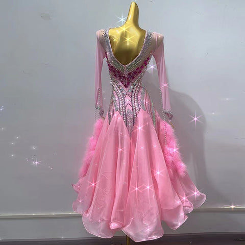 Customized Size Rhinestones Light Pink Competition Ballroom Dance Dresses for Women Girls Waltz Tango Foxtrot Rhythm Smooth Dance Swing Skirt