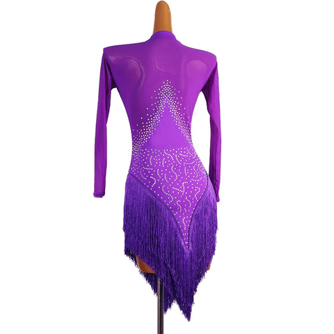 White Red Blue Fringe  Latin Dance Dress for Women Girls Purple Long Sleeves Rhinestones Competition Performance Rumba Chacha Dancing Costumes for Female