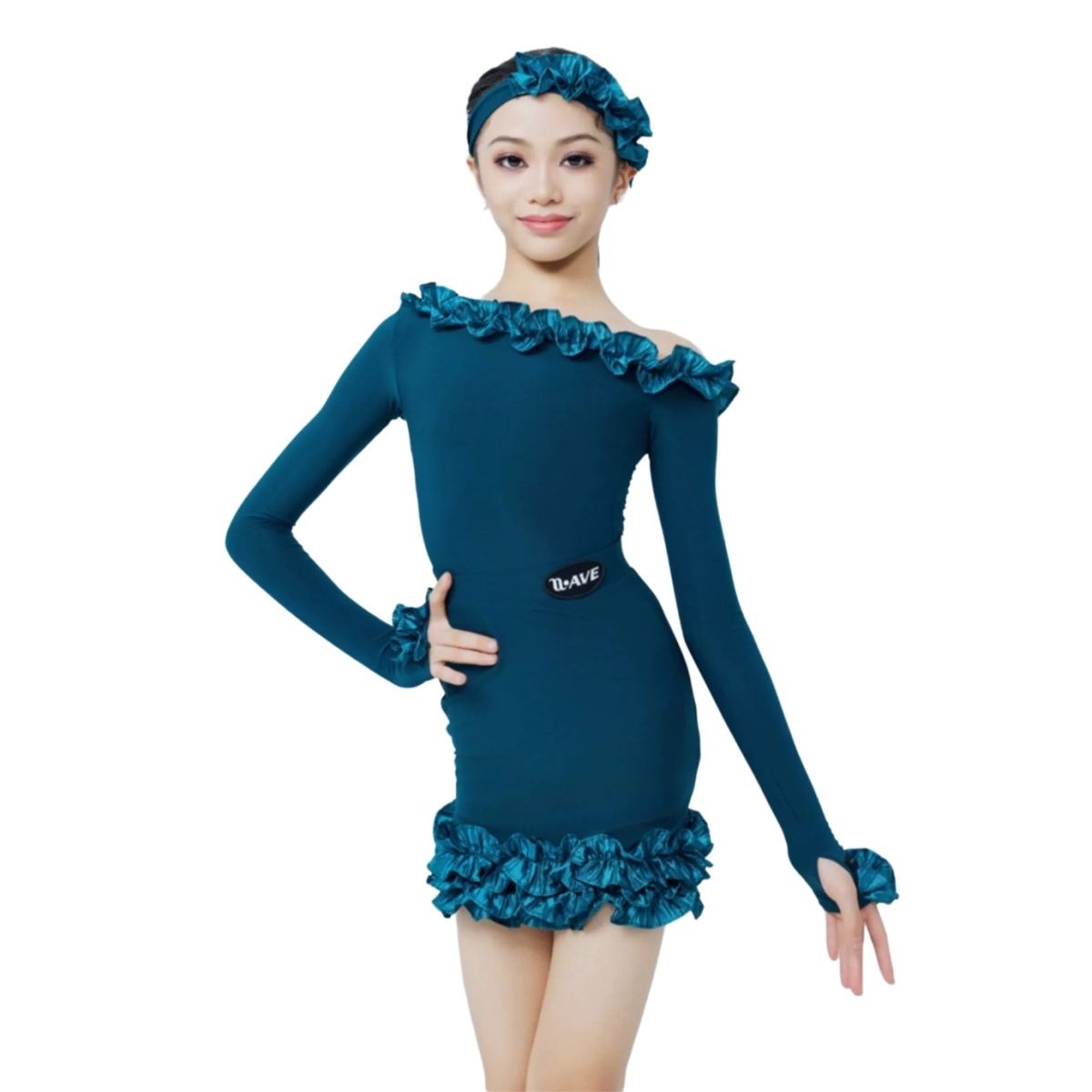 Girls Peacock Blue Slant Neck Latin Dance Dresses Ruffles Edge Off Shoulder Salsa Rumba Chacha Dance Long-sleeved Skirt for Kids