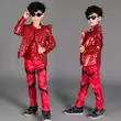 Boys Kids Red Sequins Pu Leather Rivet Jazz Dance Costumes Shrugged Shoulder Drummer Model Show Singers Host Model Performance Outfits