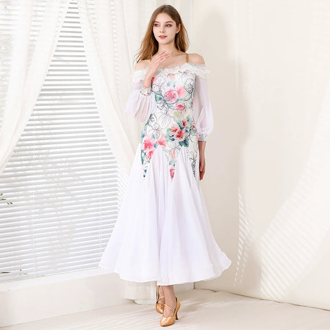 White Floral Ballroom Dance Dresses for Women Girls Waltz Tango Flamenco Dew Shoulder Dancing Long Gown for Female