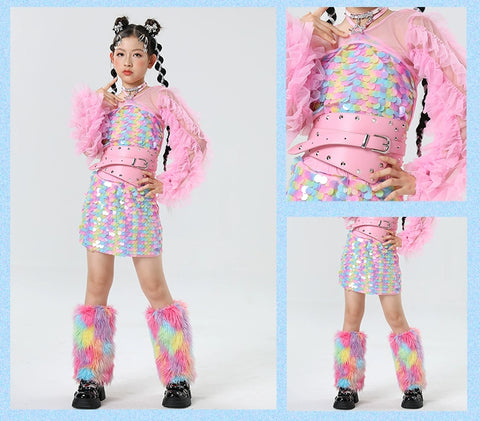 Rainbow Sequined Jazz Dance Costumes for Girls Kids Model Runway Catwalk Clothes Festival Party Dress Up Photos Shooting Outfits