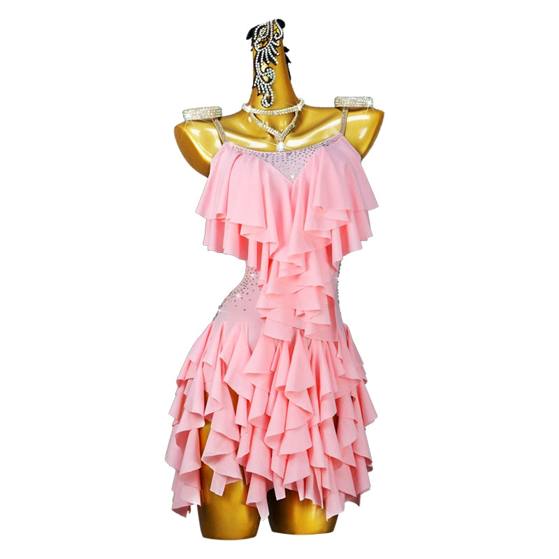 Pink Fringe Ruffles Latin Dance Dress for Women Girls Salsa Rumba Chacha Dancing Costumes for Female