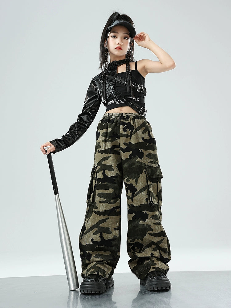 Girls Jazz Dance Costume Kids Rapper Singers Hip Hop Street Dance Outfits Single Sleeve Leather Coat Camouflage Pants