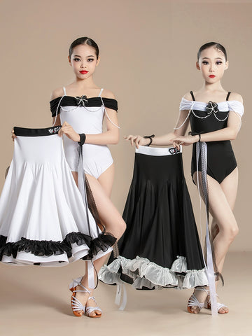 Girls white black Modern ballroom dance dresses kids Waltz Tango Performances Competition long gown swing skirts for Children