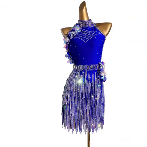 Custom Size Royal Blue Fringe Competition Latin Dance Dresses for Women Girls Kids Salsa Rumba Chacha Solo Dancing Bling Costumes