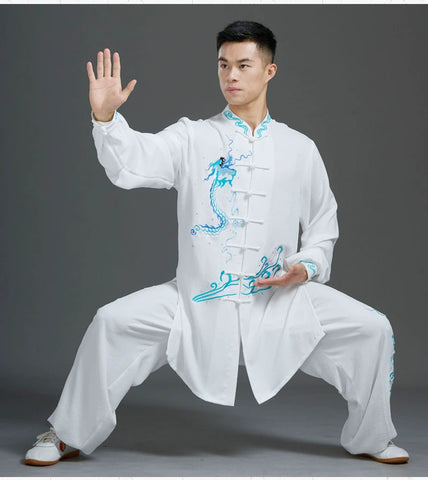 Custom Size White Blue Emboridered Chinese Dragon Tai Chi Clothing for Men Competition Wushu Martial Art Chinese Kung Fu Uniforms