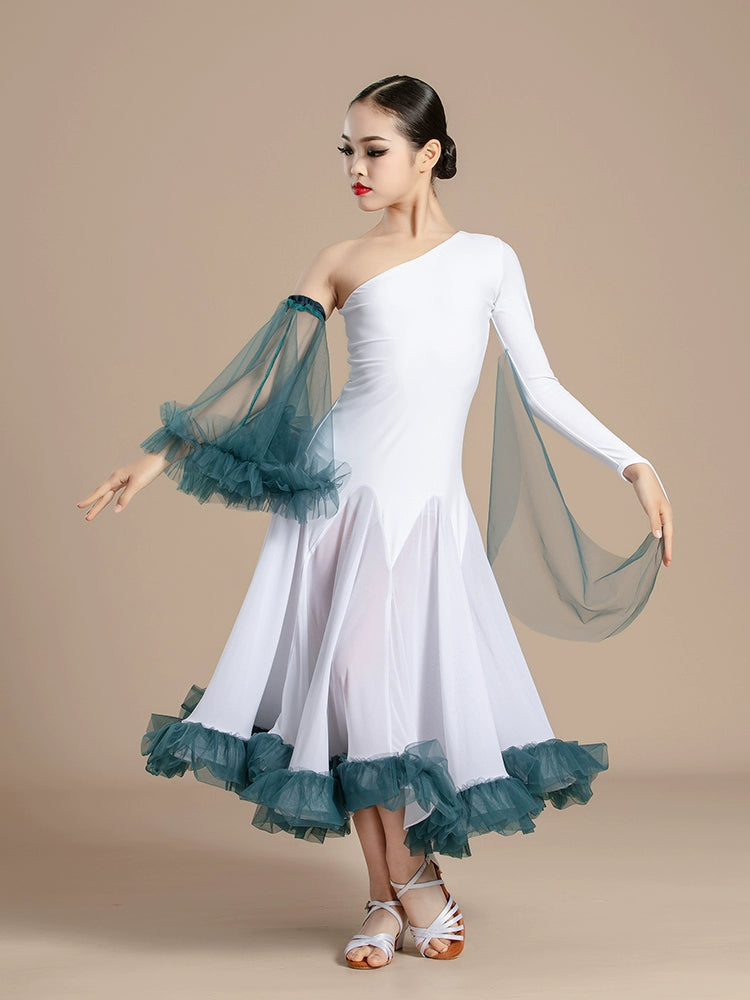 White with Blue Slant Neck Ballroom Dance Dresses for Girls Kids Competition Ballroom Tango Waltz with Float Art Test Training Uniforms