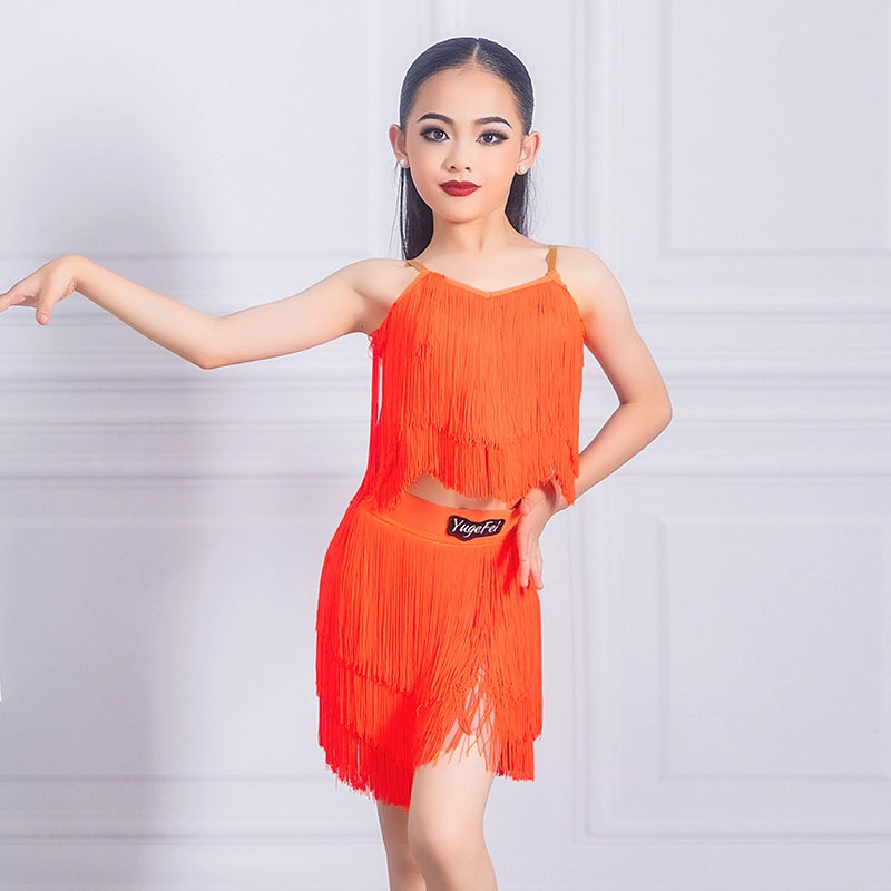 orange tassels Latin Dance dresses for girls kids samba salsa chacha  Dance fringe costumes modern dance Performance Class Uniform