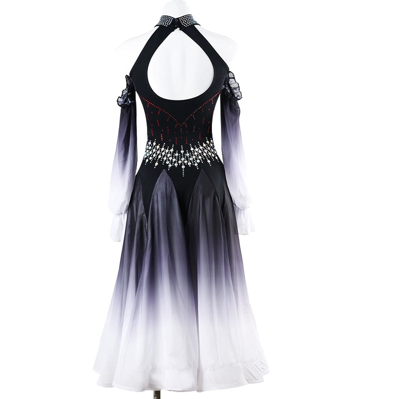 Royal Blue Black Gradient Competition Ballroom Dance Dress for Women Girls Rhinestones Halter Neck Dew Shoulder Waltz Tango Party Dance Long Gown for Female