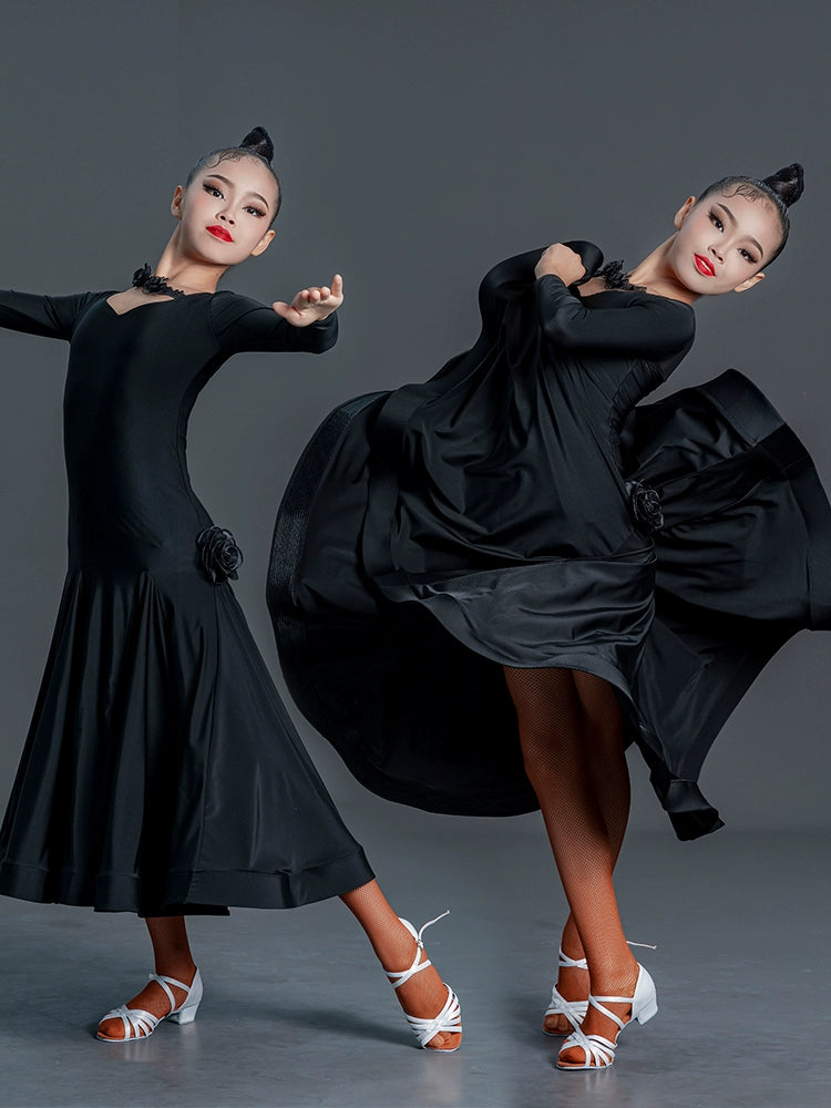 Black modern ballroom dance dresses for girls kids national standard professional competition uniform waltz tango performance wear