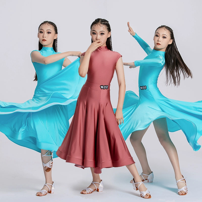 Blue Red Ballroom Dance Dresses for Girls Kids Long-sleeved  Latin Tango Waltz Juvenile Performance Long Gown Art Test Performance Skirts