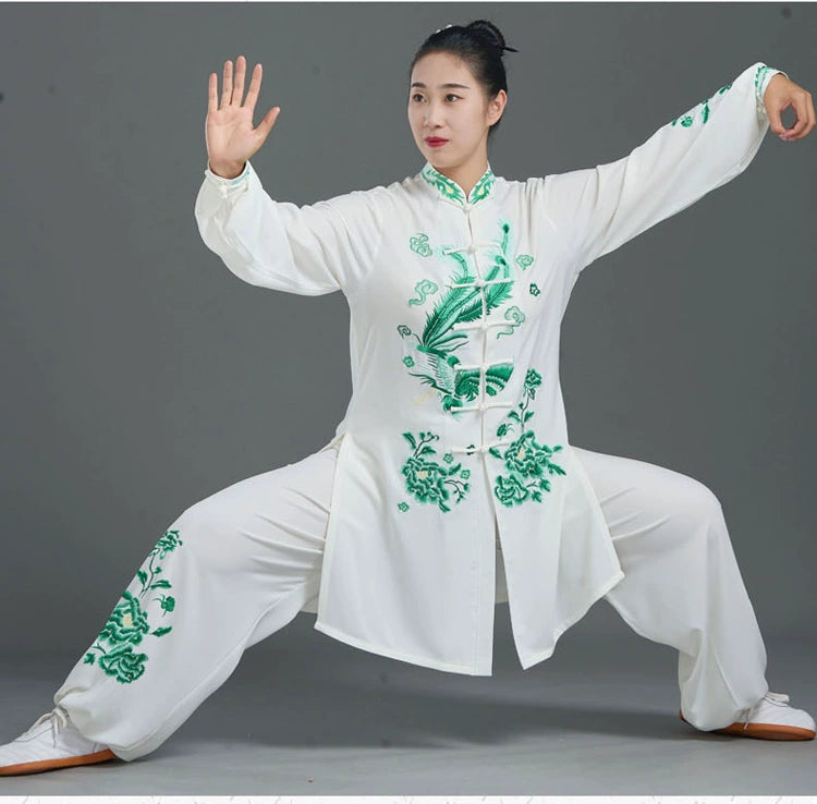 Custom Size Green Embroidered Phoenix Tai Chi Clothing for Women Competition Martial Art Wushu Performance Uniforms Brethable Clothes