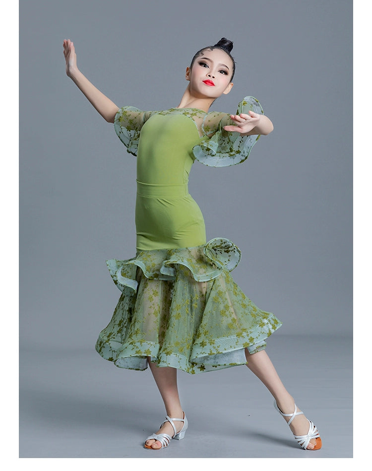 Children' Girls White Pink Green Lace Ballroom Dance Dresses for Kids Waltz Ballroom Tango Dance Competition Performance Clothes