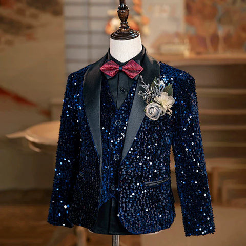 Children's Boys Dark Sequined Jazz Dance Blazers Coats Singers Choir Pianist Host Jackets Wedding Birthday Party Flower Boys Stage Show Coats