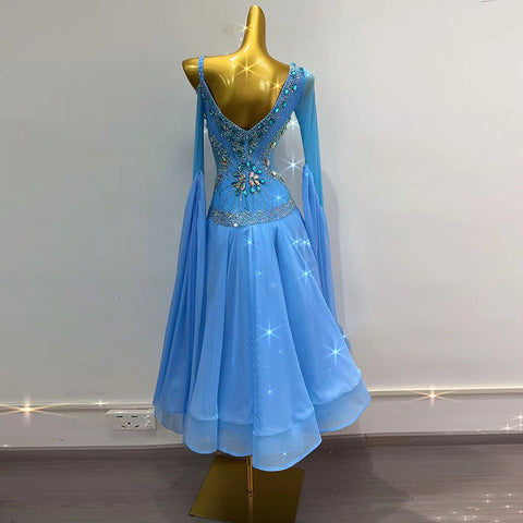 Customized Size Blue Rhinestones Competition Ballroom Dance Dresses for Women Girls One Shoulder Waltz Rhythm Smooth Foxtrot Dance Long Skirts