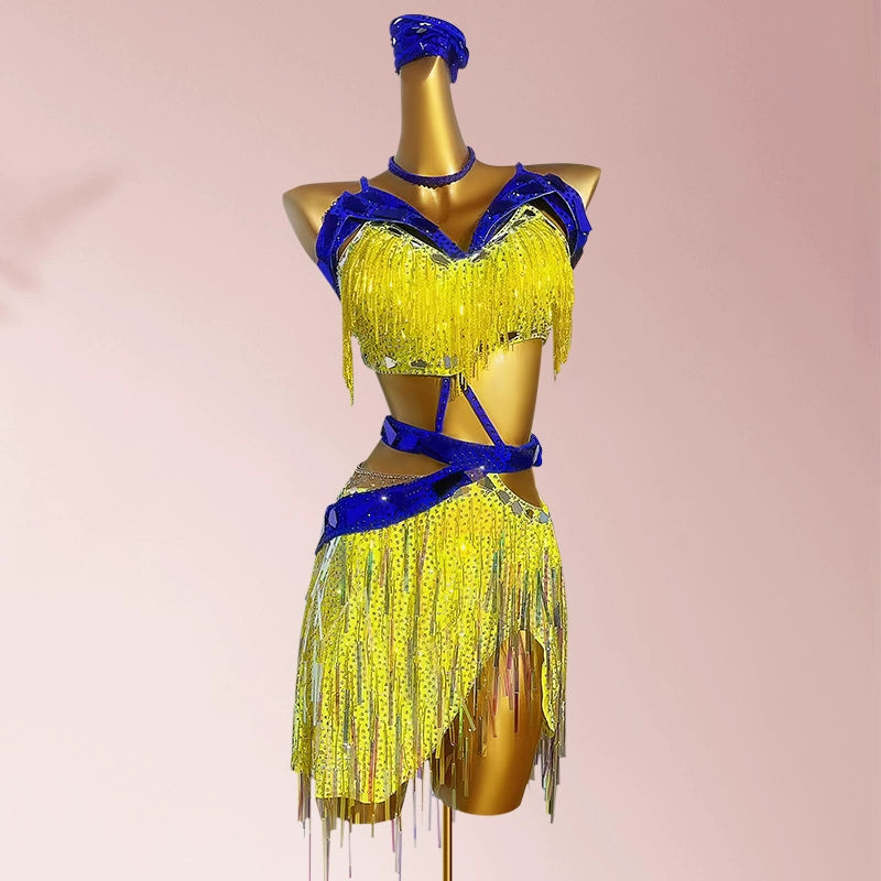 Custom Size Bling Fringe Silver Yellow Latin Dance Competition Dresses for Women Girls Kids Salsa Rumba Cha Cha Jive Performance Costumes