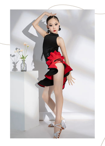 Black Red Lace Sleeveless Tassel Latin Dance Dresses for Kids Children Salsa Chacha Rumba Latin Dance Costumes for Girls