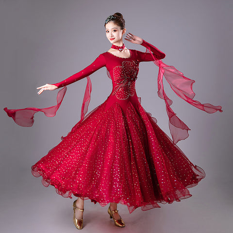 Wine Competition Ballroom Dance Dresses for Women Girls  Embroidered Diamond Waltz Tango Performance Gown