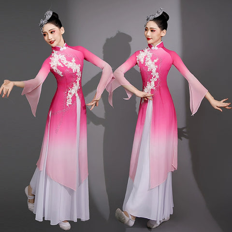 Pink Chinese folk Classical dance costumes Female elegant hanfu Jiangnan solo Fan Umbrella yangge dance performance fairy dress