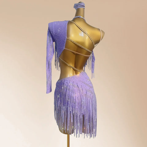 Custom Size Orange Lavender Fringe Latin Dance Dresses for Women Girls Kids Slant Neck Bling Salsa Rumba Chacha Performance Costumes