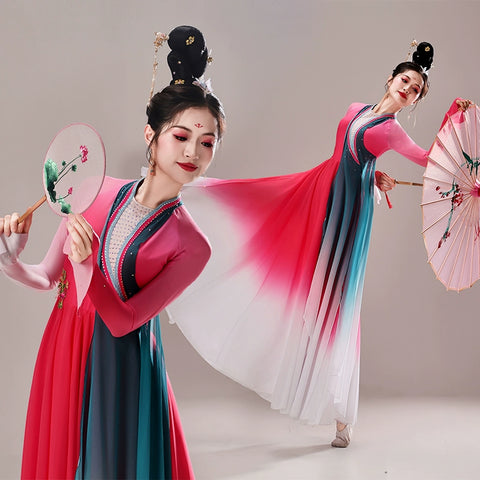 hot pink chinese folk Classical dance costumes hanfu fairy princess dress Female umbrella fan dance art test dance cltohes