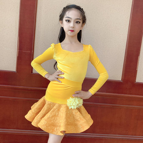 Yellow Girls Latin Dance Dresses Kids Lace Velvet Latin Salsa Rumba Ballroom Performance Costumes