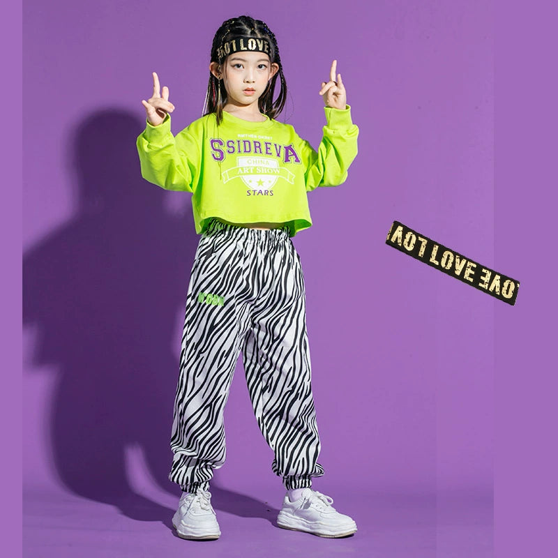 Boys Girls Hip Hop Street Jazz Dance Costume for Girls Kids Neon Green Tops Zebra Pants Gogo Dancers Rapper Singer Hiphop Dance Outfits