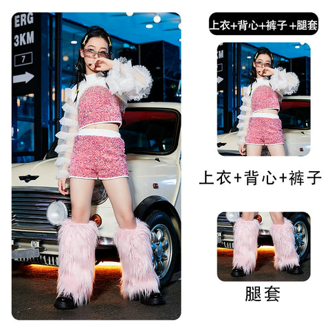 Girls Pink Blue Sequin Jazz Dance Costume Rapper Singers Gogo Dancers Street Hiphop Dance Outfits Catwalk Trendy Model Show Clothes for Kids