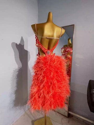 Custom Size Feather Orange Sequins Competition Latin Dance Dresses for Women Girls Salsa Rumba Black Pool Latin Performance Costumes