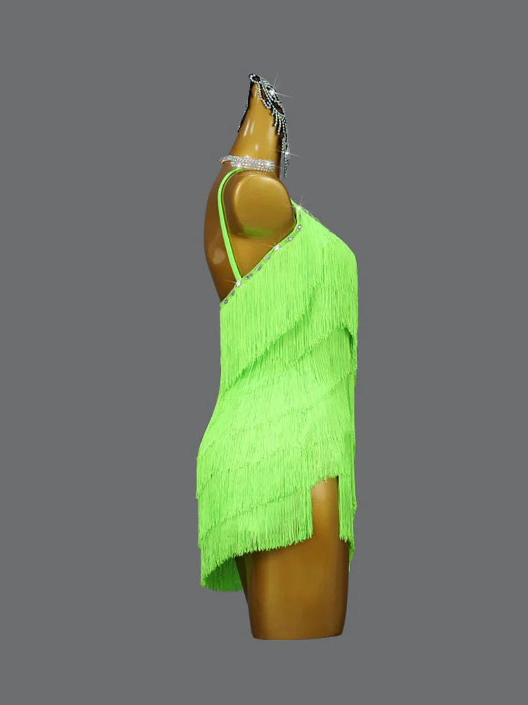 Custom size girls kids adult fluorescent green latin dance dresses salsa rumba chacha ballroom competition clothing fringed skirt