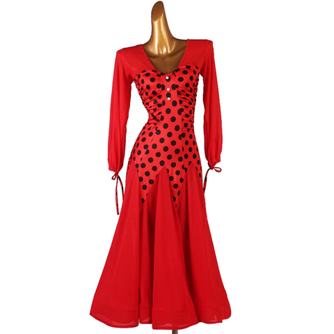 Red Polka Dot Ballroom Dance Dresses for Women Girls Modern Party Vintage Style Waltz Tango Flamenco Stage Performance Long Gown