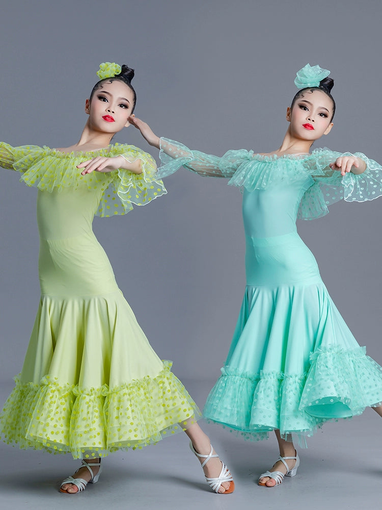 Girls Kids Pink Green Blue Polka Lace Ballroom Dance Dresses Children Ballroom National Ballroom Dance Long Sleeve Dew Shoulder Stage Performance Costumes for Kids