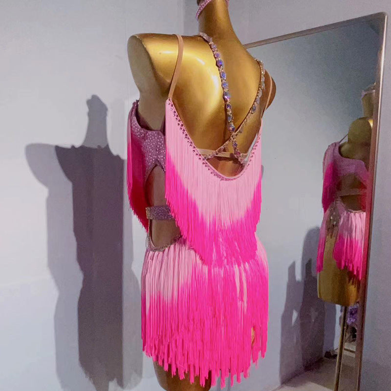 Customized size Pink Gradient fringe Competition latin dance dresses for women girls handmade professional salsa rumba dance bling costumes