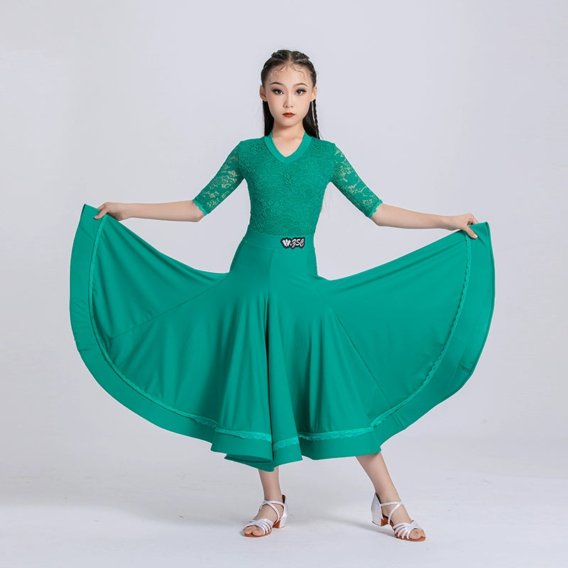 Green Lace Ballroom Dance Dresses for Kids Girls Competition Waltz Tango National Standard Dance Skirts Party Ball Gown Praise Dress for Children