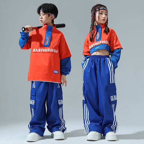 Girls Boys Hip Hop Jazz Dance Costumes Orange Blue Cheerleading Performance Class Uniforms Kids Rapper Singers Gogo Dancers Outfits