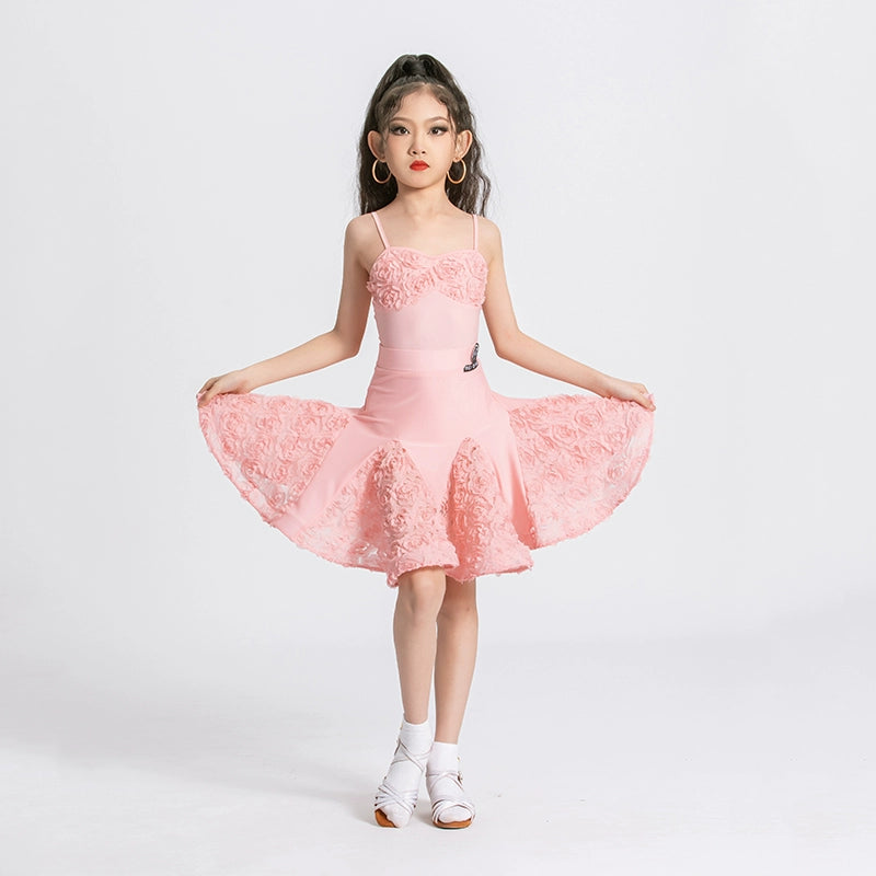 Children's pink rose flowers latin dance dresses girls salsa rumba chacha dance outfits flower dance wear for kids