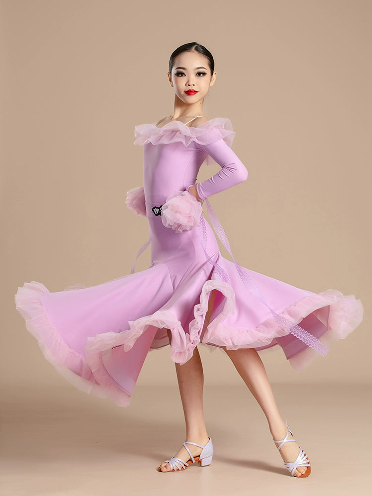 Modern ballroom dance dresses for girls kids waltz tango light purple orange wine professional competition clothing for children