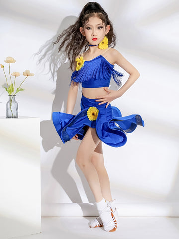 Girls red blue fringe Latin dance competition solo dance costumes modern dance competition clothes for kids