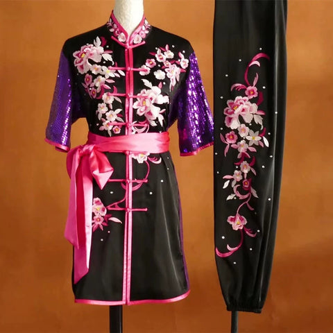 Custom size competition tai chi Wushu uniforms embroidered flower team martial art changquan performance cclothes for adult kids