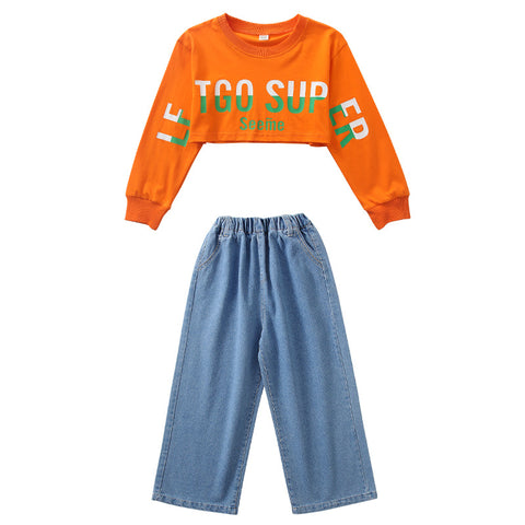 Children's Hip Hop Jazz Dance Costumes Orange Blue Kids Street Dance Clothing Girls Jeans Walk Show Outfits