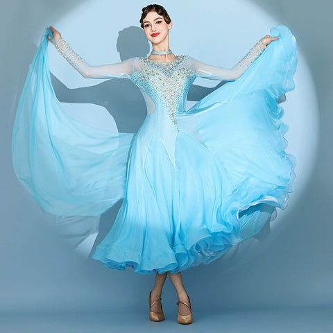 Custom size blue gemstones ballroom competition dresses for women girls children waltz tango foxtrot senior dance performance gown