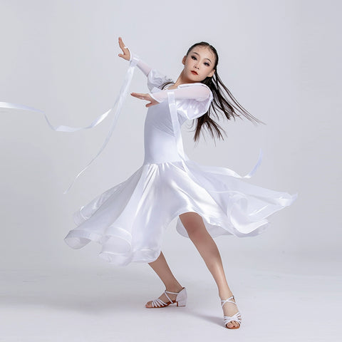 White Modern Ballroom Dance Dresses for Girls Kids Double-layer Skirt National Standard Waltz Tango Performance Long Gown for Children