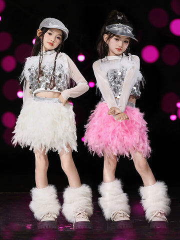 Girls Silver Pink Sequins Jazz Dance Costume Feather Hip Hop Rapper Singers Gogo Dancer Street Dancing Outfits Catwalk Model Show Clothing