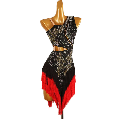 Red Black One Shoulder Latin Competition Dresses for Women Girls Slant Neck Diamond Bling Gradual Change Fringed Latin Salsa Chacha Dance Costume