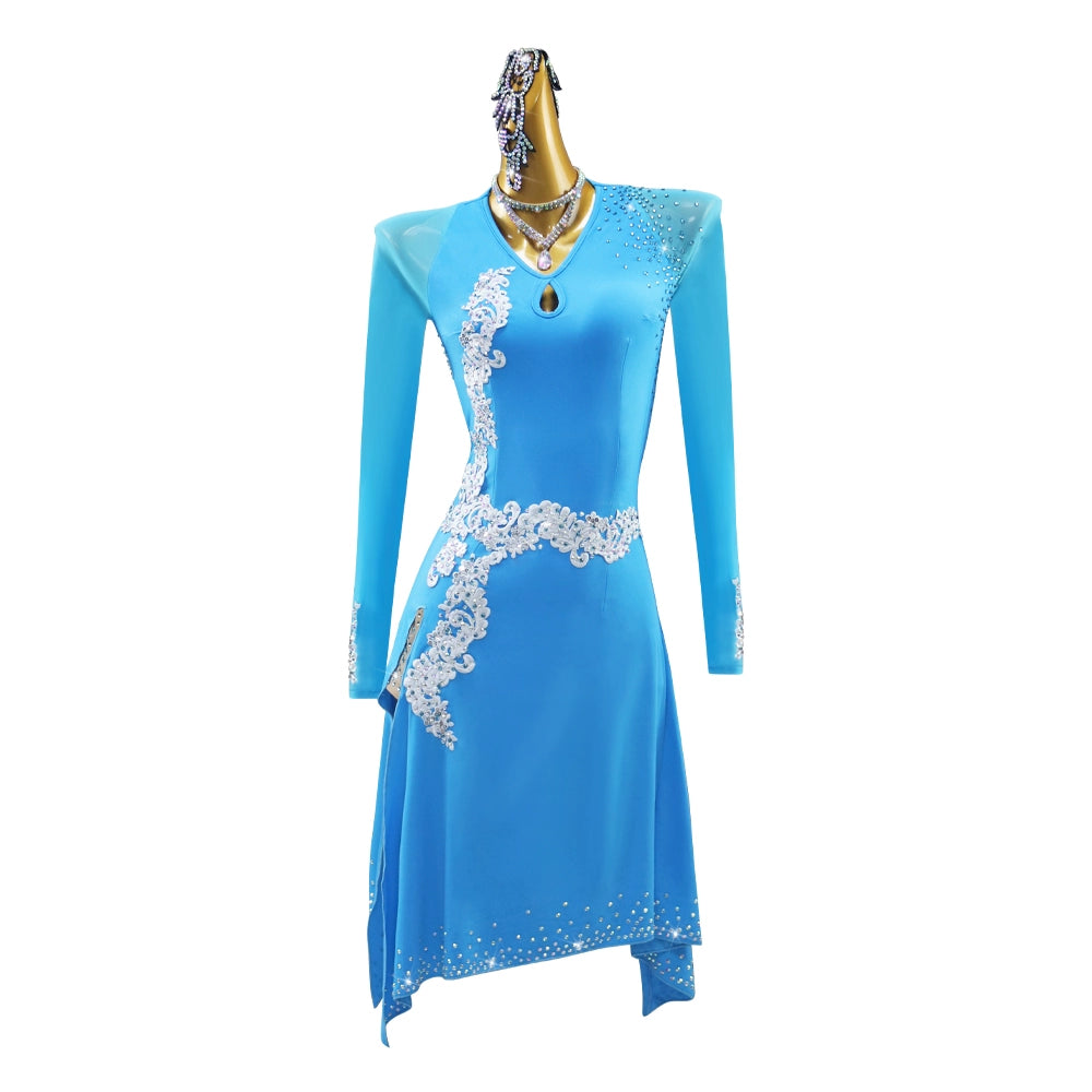 Turquoise Competition Latin Dance Dresses for Women Girls Side Slit Salsa Rumba Chacha Jive Performance Clothes Adult Long-sleeved