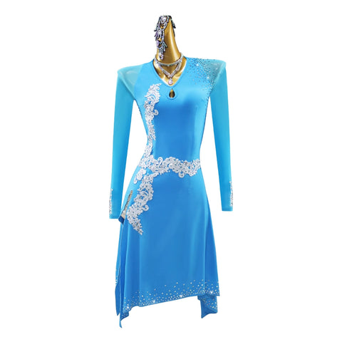 Turquoise Competition Latin Dance Dresses for Women Girls Side Slit Salsa Rumba Chacha Jive Performance Clothes Adult Long-sleeved